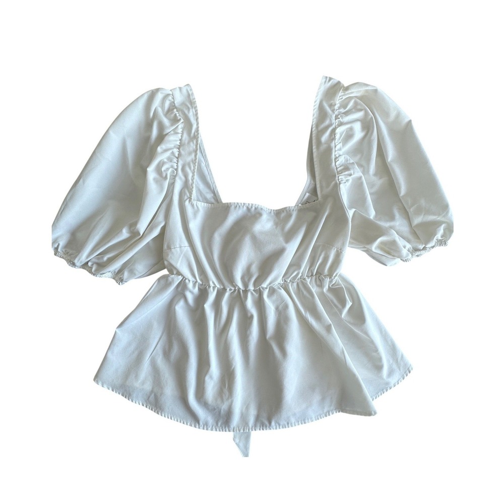 H&M Divided White Puff Sleeve Peplum Top Square Neck Tie‎ Back Size M